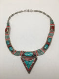 Ethnic Tribal Nepalese Green Turquoise & Red Coral Inlay Statement Necklace,E304