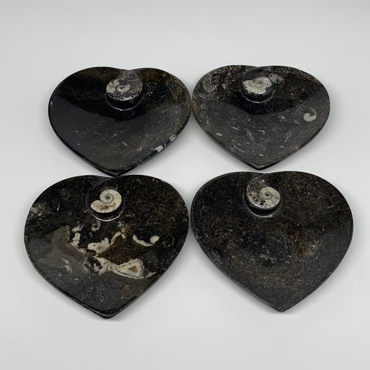 4Pcs, 4.8"x4.7" Small Heart Fossils Orthoceras Ammonite Bowls @Morocco, B8790