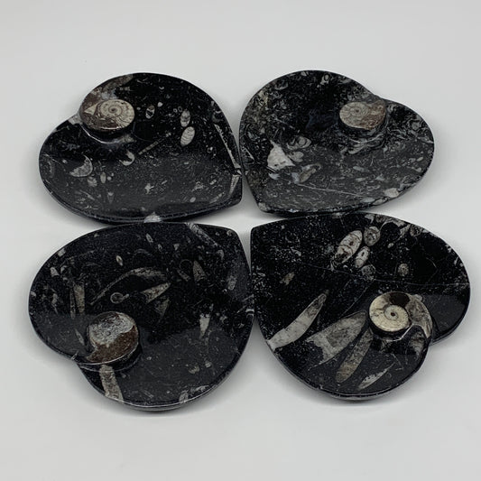 4Pcs, 4.8"x4.7" Small Heart Fossils Orthoceras Ammonite Bowls @Morocco, B8792