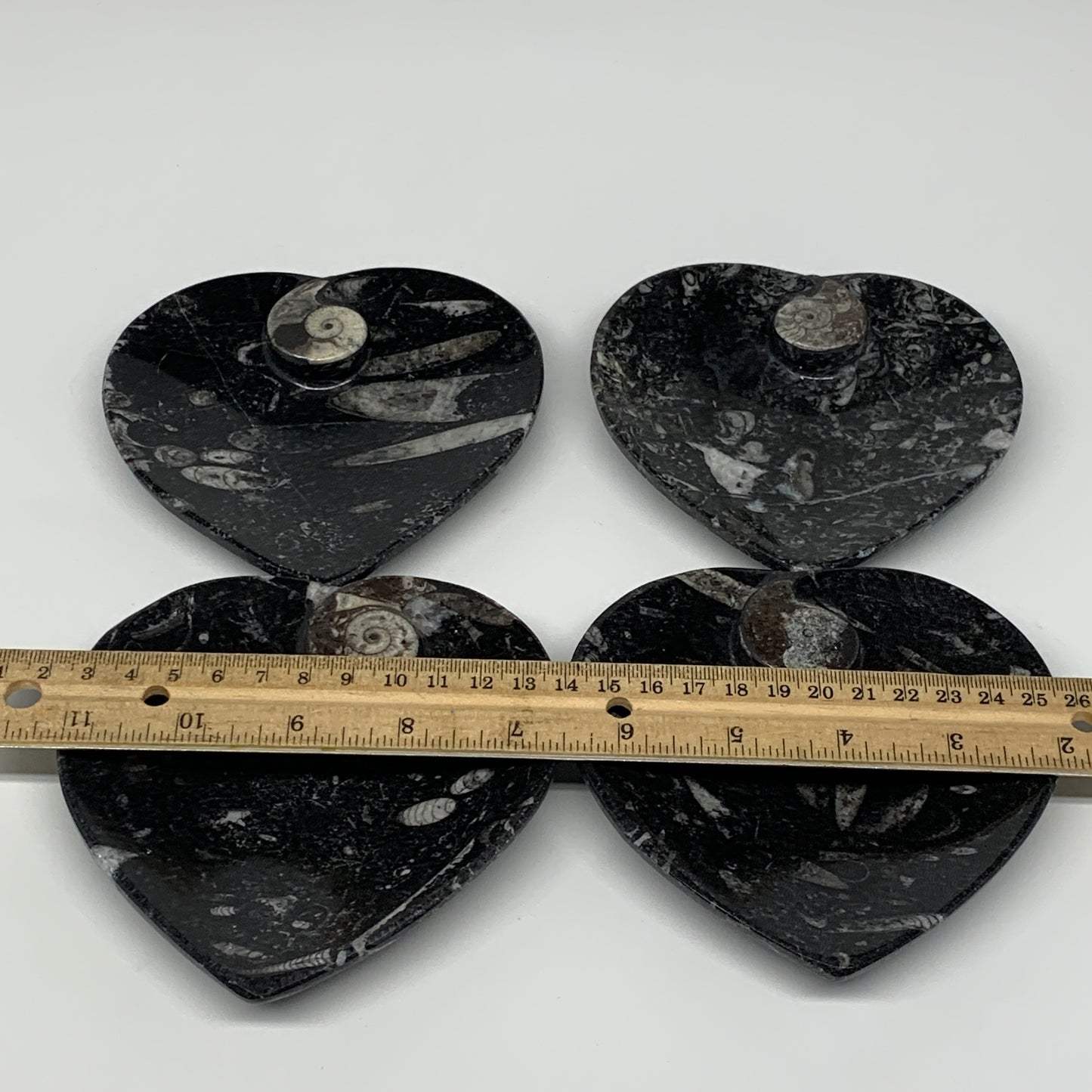 4Pcs, 4.8"x4.7" Small Heart Fossils Orthoceras Ammonite Bowls @Morocco, B8792