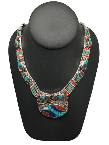 Ethnic Tribal Nepalese Lapis, Green Turquoise & Red Coral Inlay Necklace,E317