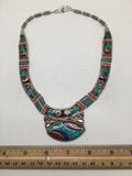 Ethnic Tribal Nepalese Lapis, Green Turquoise & Red Coral Inlay Necklace,E317