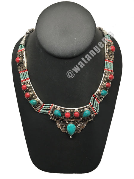 Ethnic Tribal Green Turquoise & Red Coral Inlay Boho Bib Statement Necklace,E334