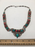 Ethnic Tribal Green Turquoise & Red Coral Inlay Boho Bib Statement Necklace,E334