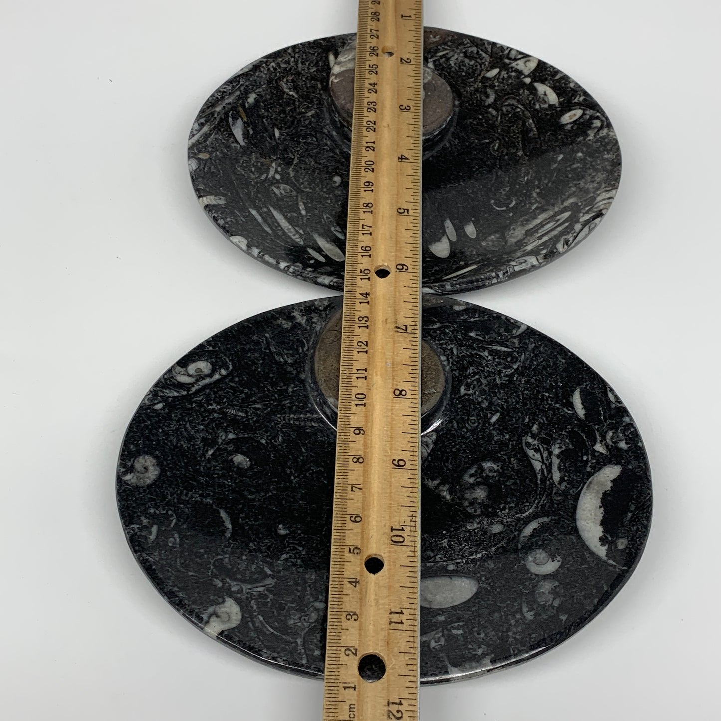 2Pcs, 6.5"x5.25" Black Fossils Ammonite Orthoceras Bowl Oval Ring @Morocco,B8806