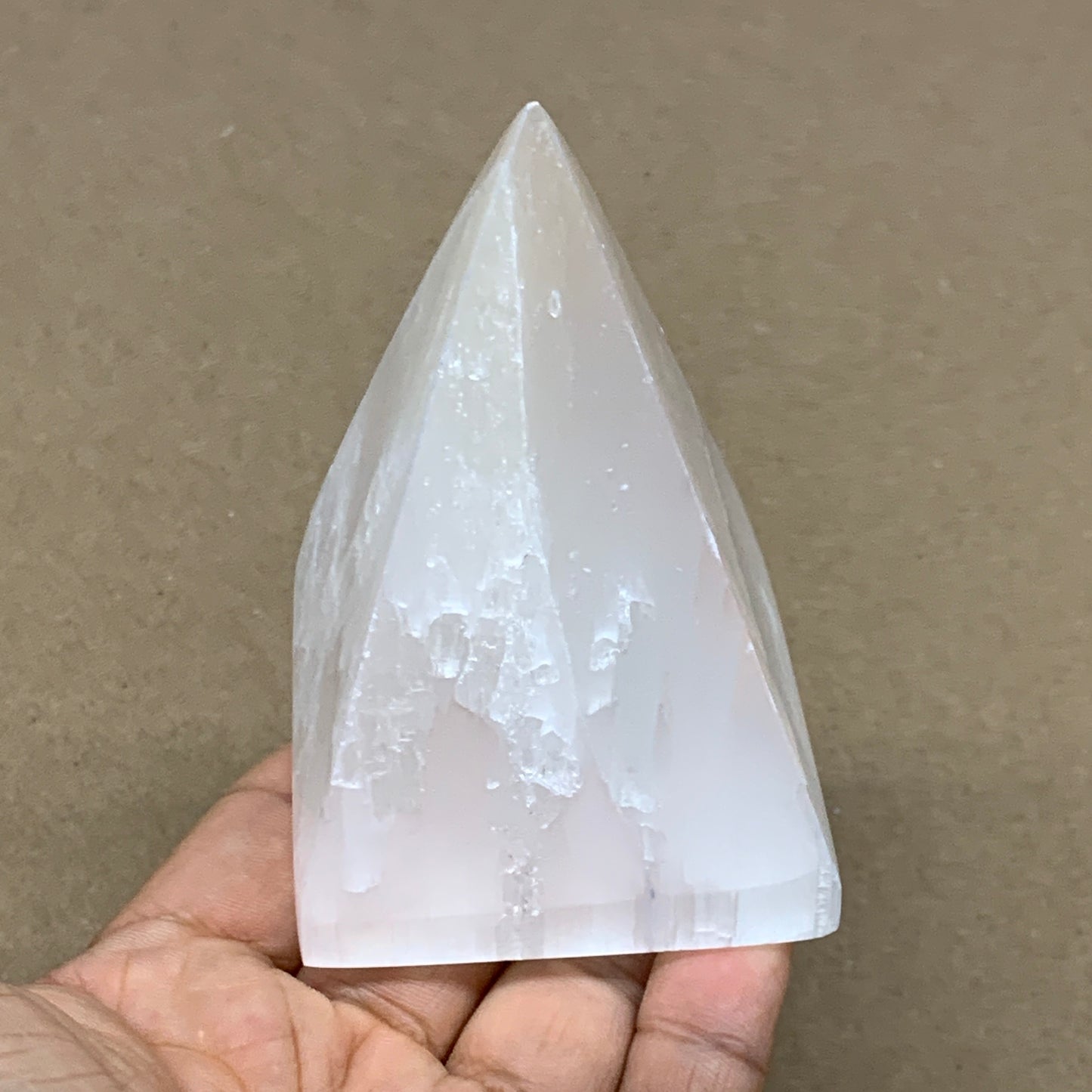 294g, 3.5"x2.4" White Selenite/Satin Spar Pyramid Crystal @Morocco, B24147