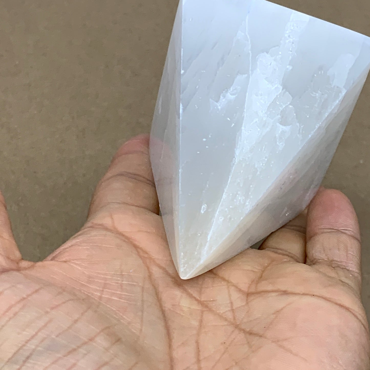 294g, 3.5"x2.4" White Selenite/Satin Spar Pyramid Crystal @Morocco, B24147