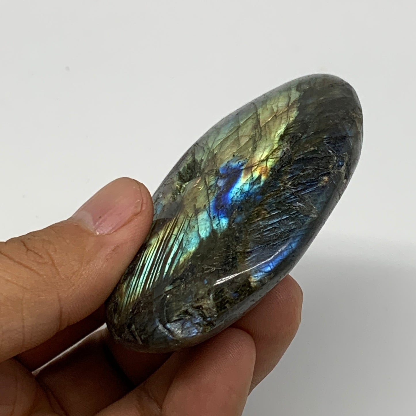 109.7g,2.8"x2"x0.7", Labradorite Palm-stone Polished Reiki @Madagascar,B17791