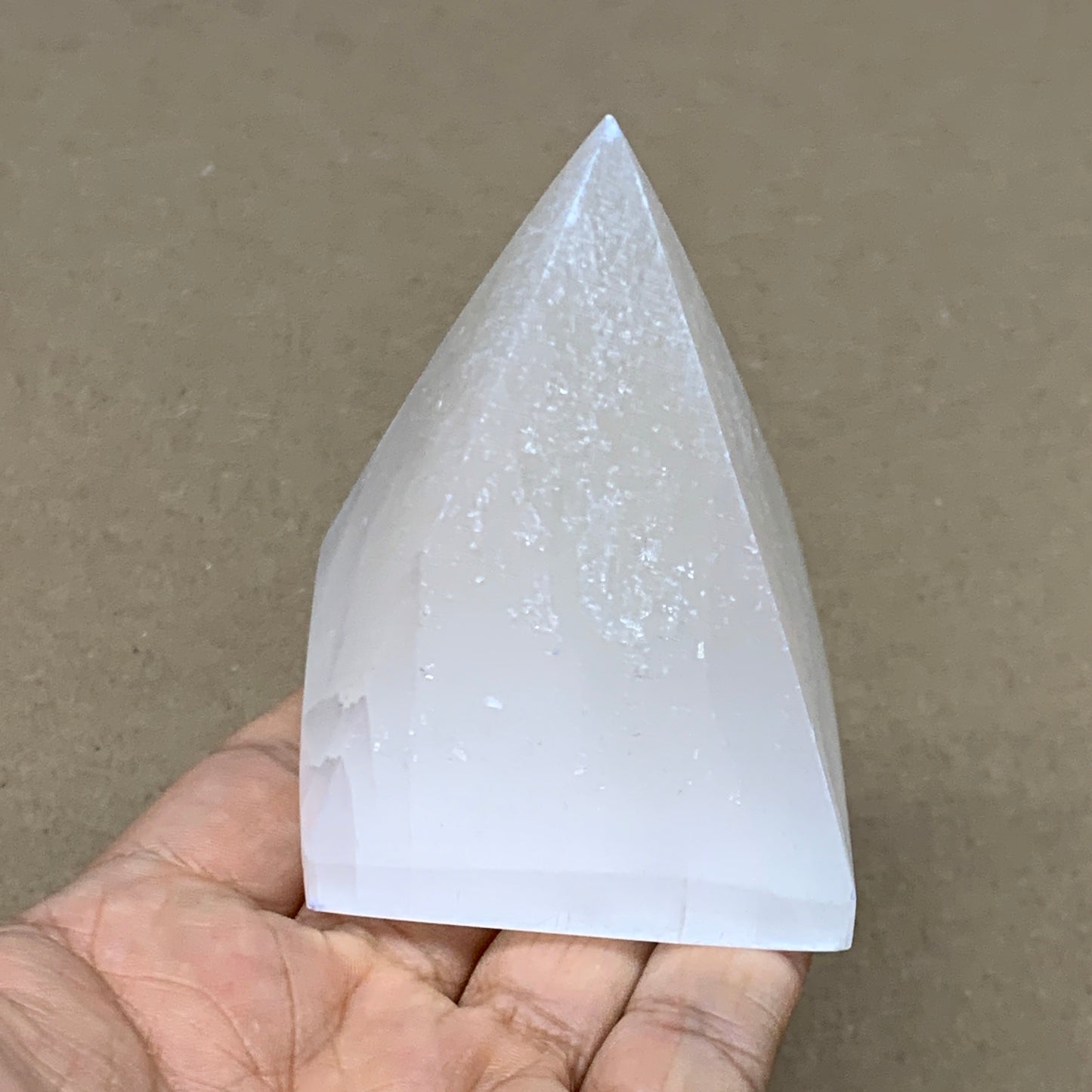 249g, 3"x2.2" White Selenite/Satin Spar Pyramid Crystal @Morocco, B24148
