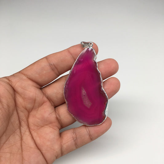 89.5cts, 2.9"x1.4" Blue Agate Druzy Geode Pendant Silver Plated @Brazil, Bp1323