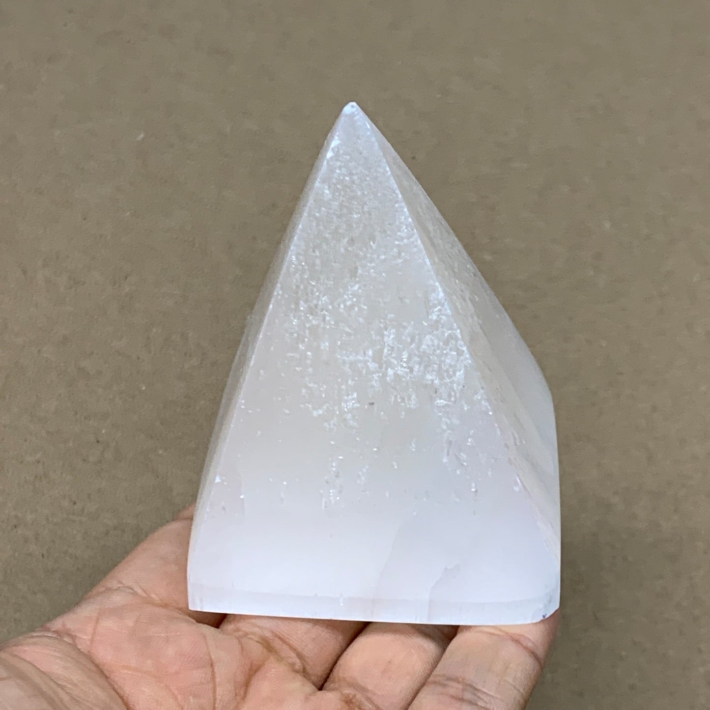 249g, 3"x2.2" White Selenite/Satin Spar Pyramid Crystal @Morocco, B24148