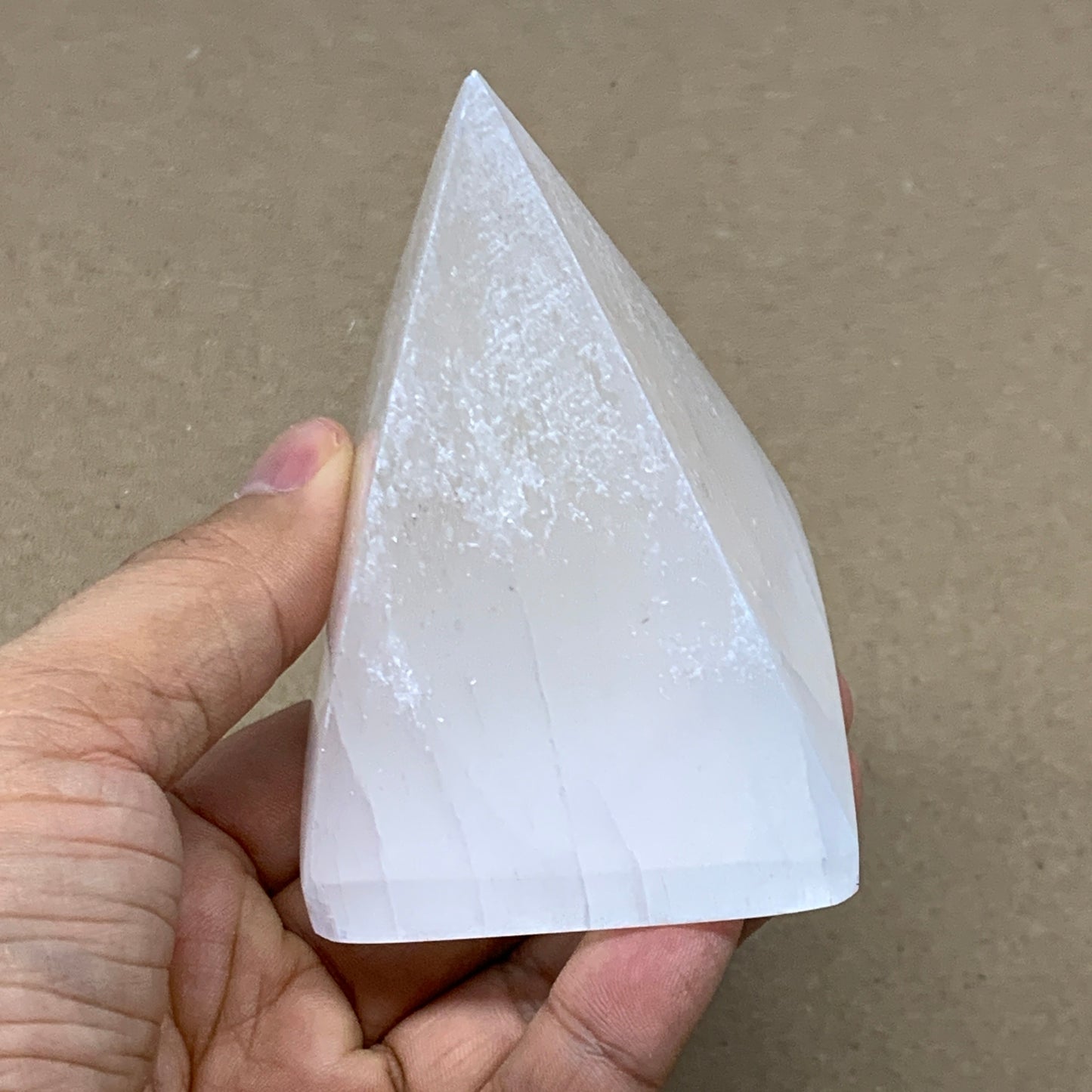 249g, 3"x2.2" White Selenite/Satin Spar Pyramid Crystal @Morocco, B24148