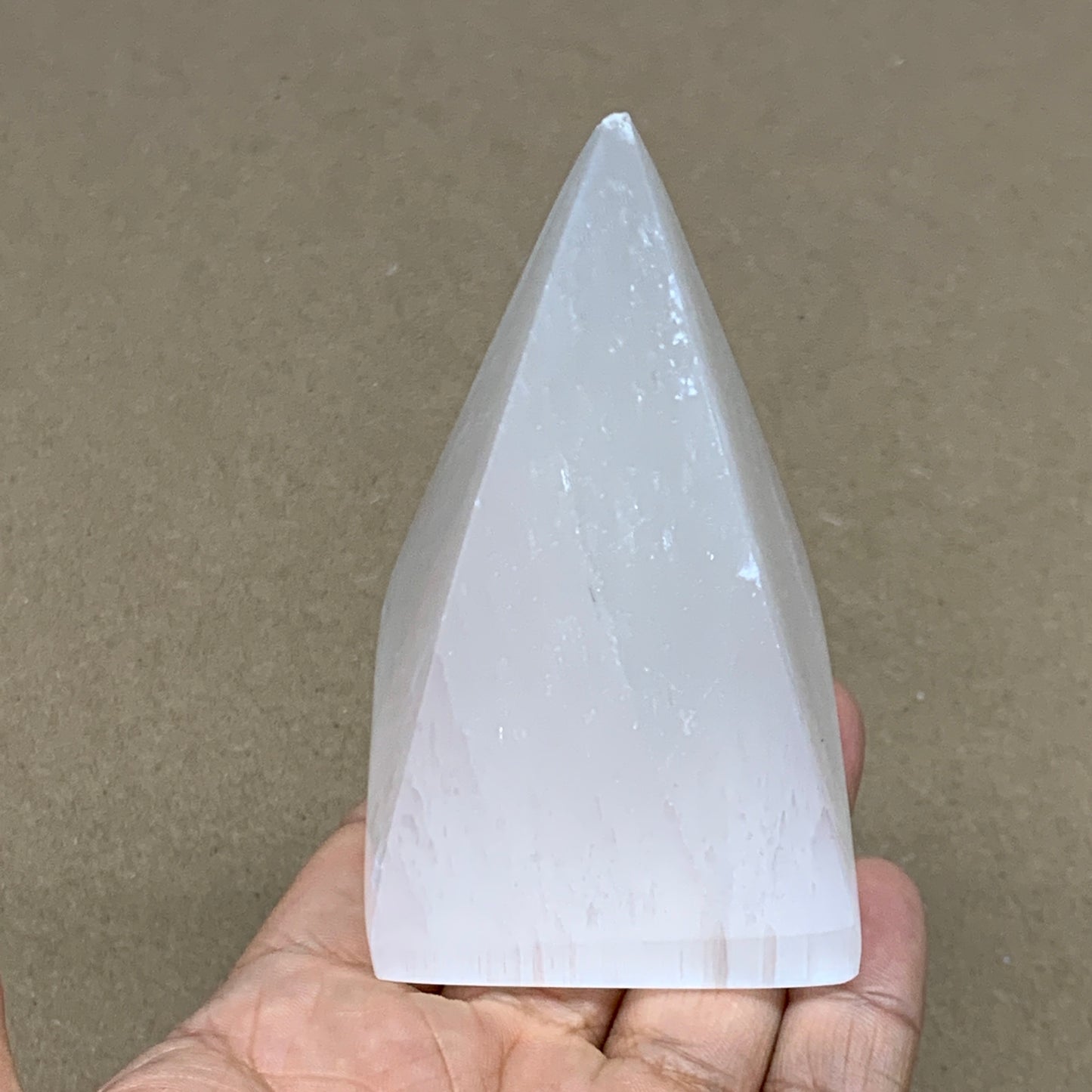246g, 3.5"x2.1" White Selenite/Satin Spar Pyramid Crystal @Morocco, B24152