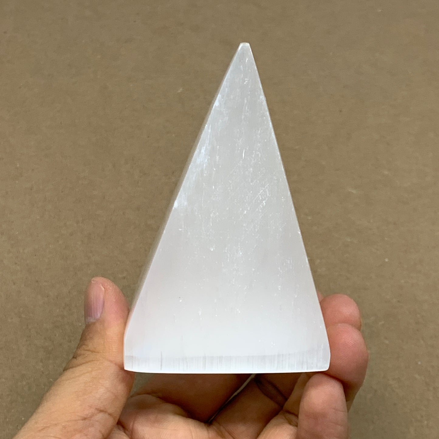 246g, 3.5"x2.1" White Selenite/Satin Spar Pyramid Crystal @Morocco, B24152