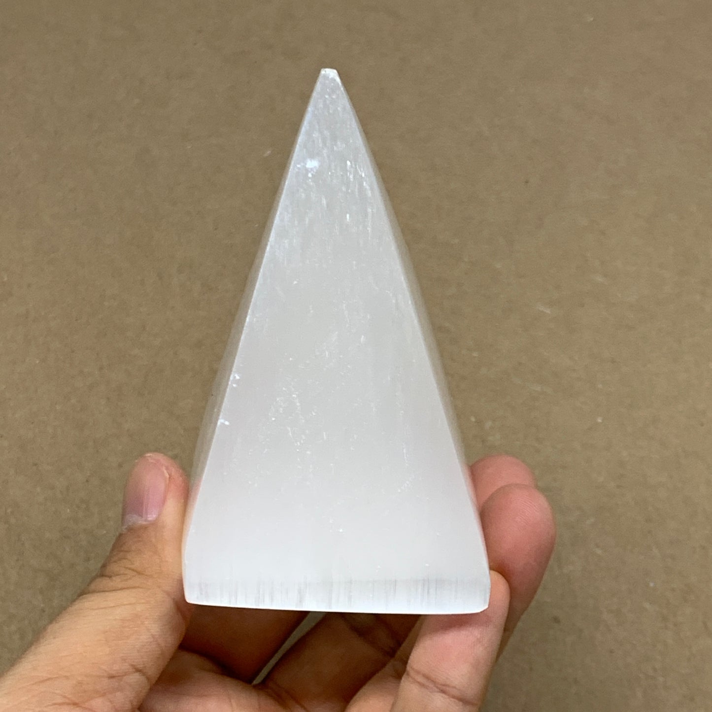 246g, 3.5"x2.1" White Selenite/Satin Spar Pyramid Crystal @Morocco, B24152