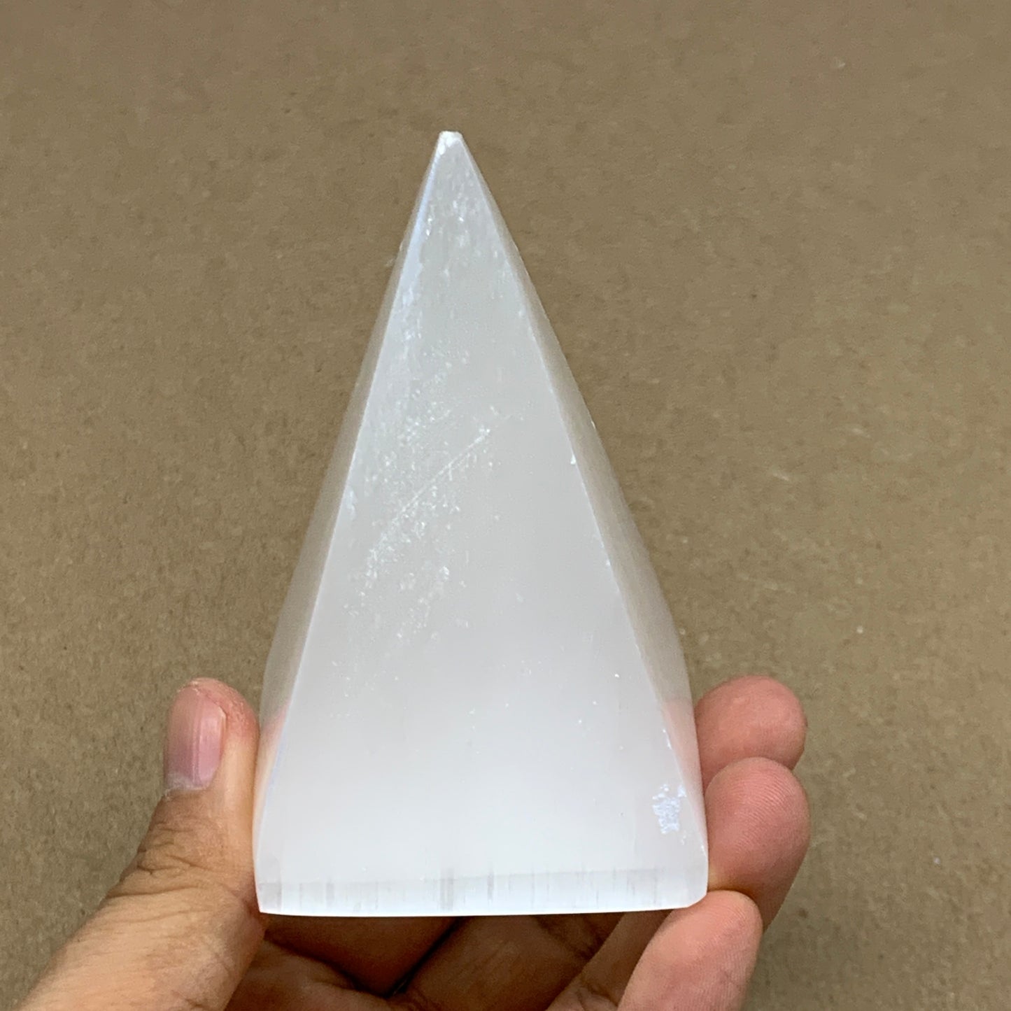 246g, 3.5"x2.1" White Selenite/Satin Spar Pyramid Crystal @Morocco, B24152