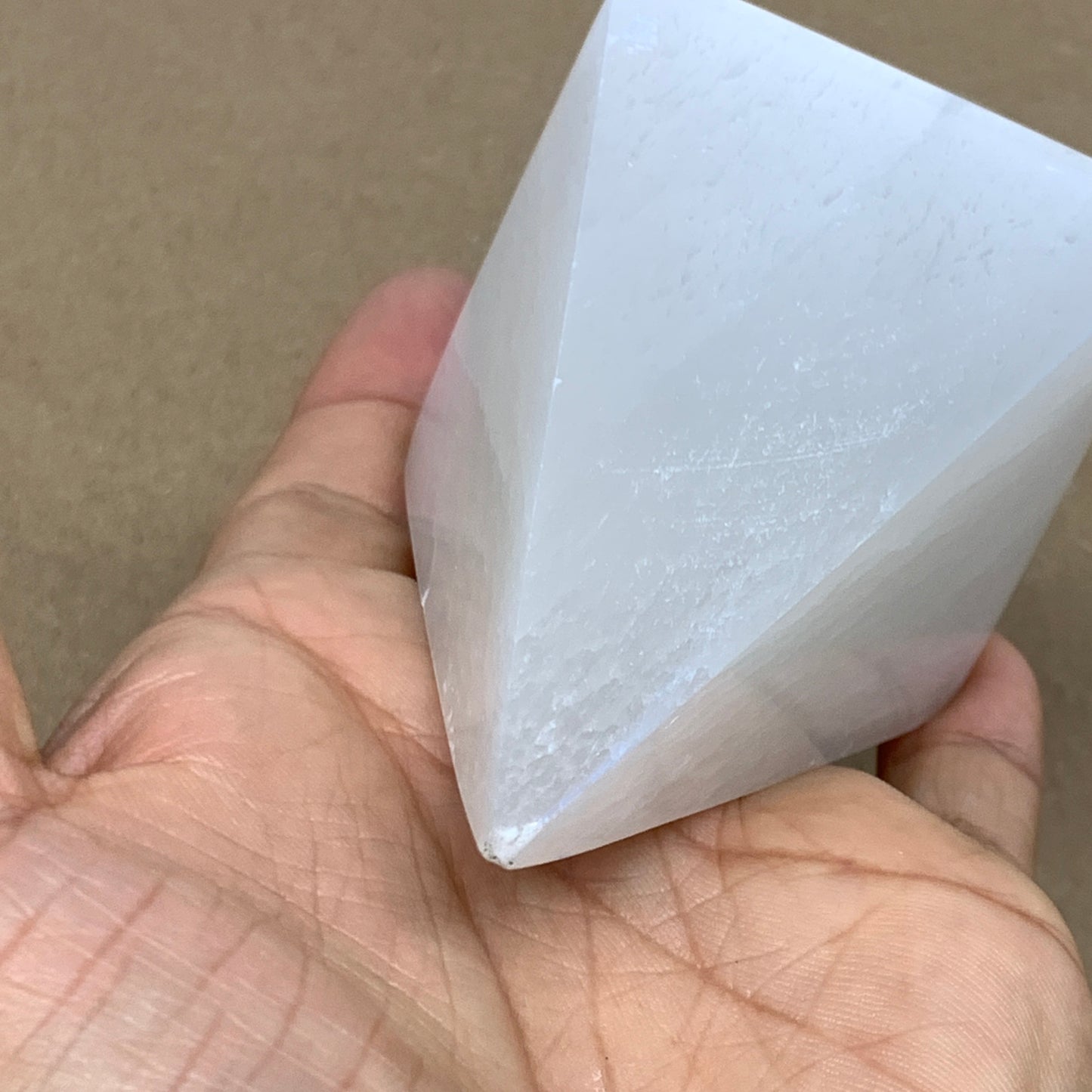 246g, 3.5"x2.1" White Selenite/Satin Spar Pyramid Crystal @Morocco, B24152