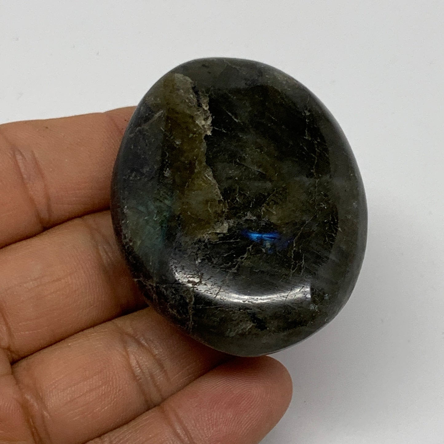 73.4g,2.1"x1.6"x0.8", Labradorite Palm-stone Polished Reiki @Madagascar,B17796