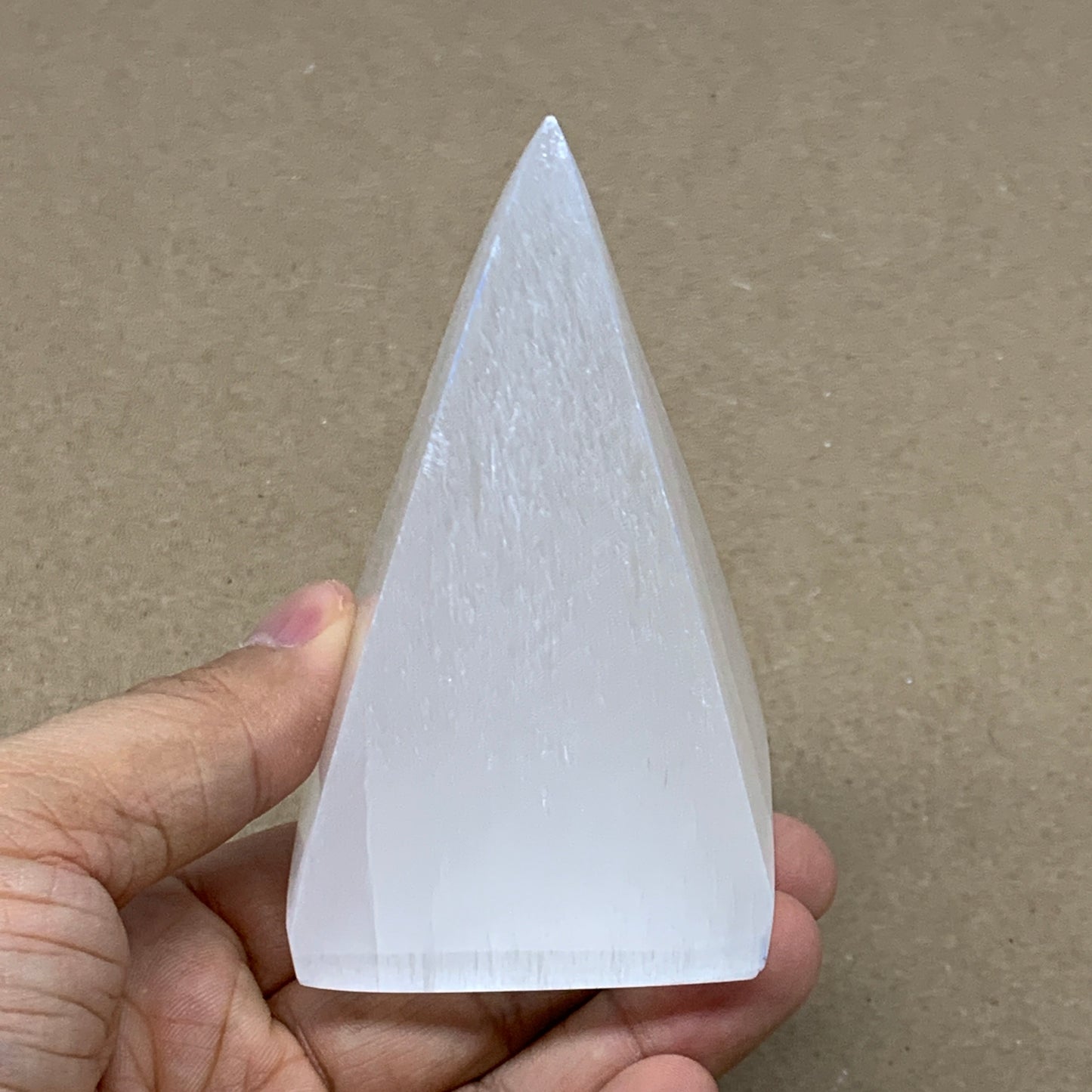 231g, 3.7"x2.2" White Selenite/Satin Spar Pyramid Crystal @Morocco, B24154