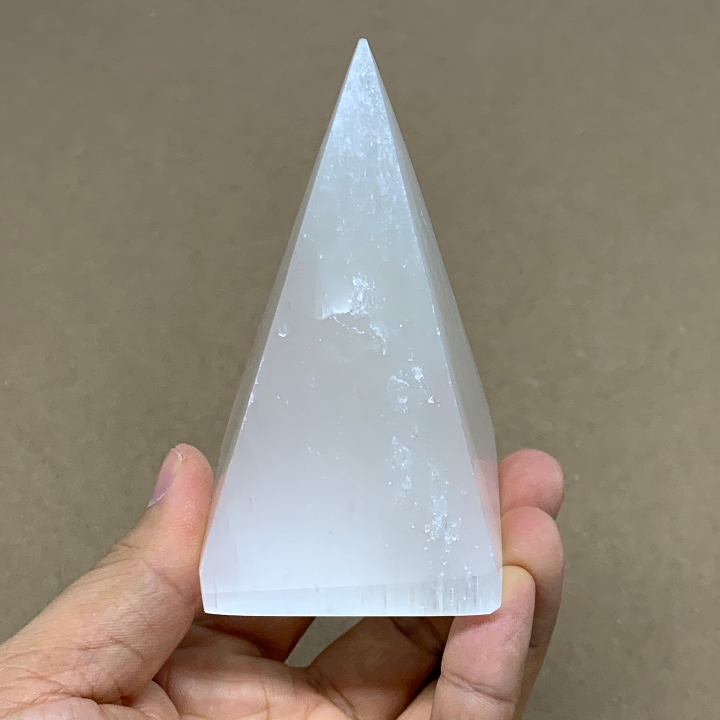 249g, 3.6"x2.2" White Selenite/Satin Spar Pyramid Crystal @Morocco, B24156