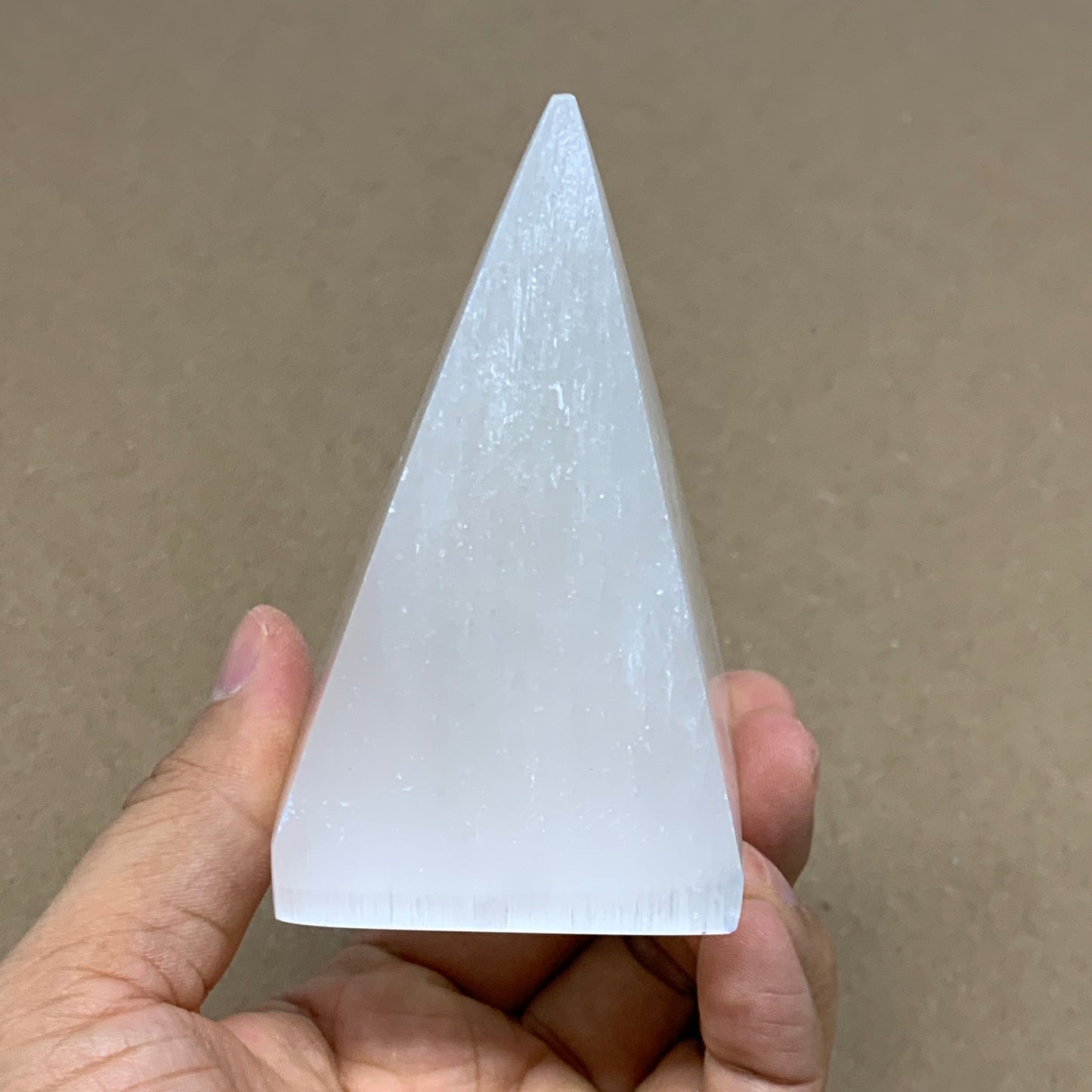 249g, 3.6"x2.2" White Selenite/Satin Spar Pyramid Crystal @Morocco, B24156