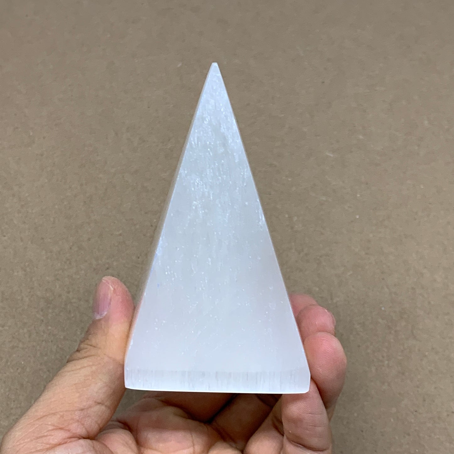 249g, 3.6"x2.2" White Selenite/Satin Spar Pyramid Crystal @Morocco, B24156