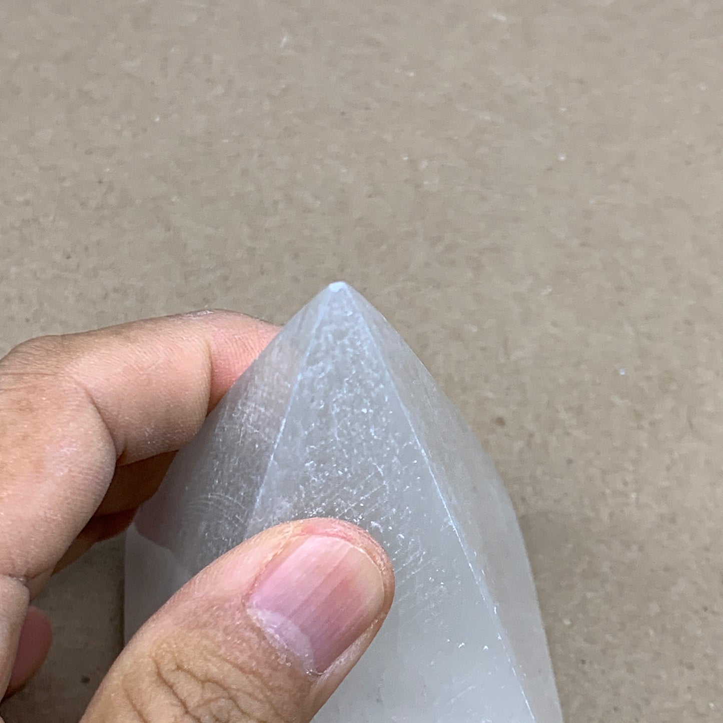 362g, 3.8"x2.5" White Selenite/Satin Spar Pyramid Crystal @Morocco, B24157