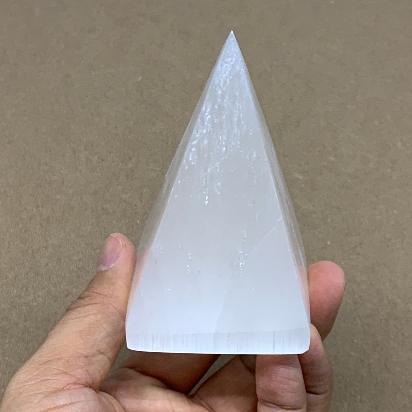 241g, 3.5"x2.1" White Selenite/Satin Spar Pyramid Crystal @Morocco, B24161