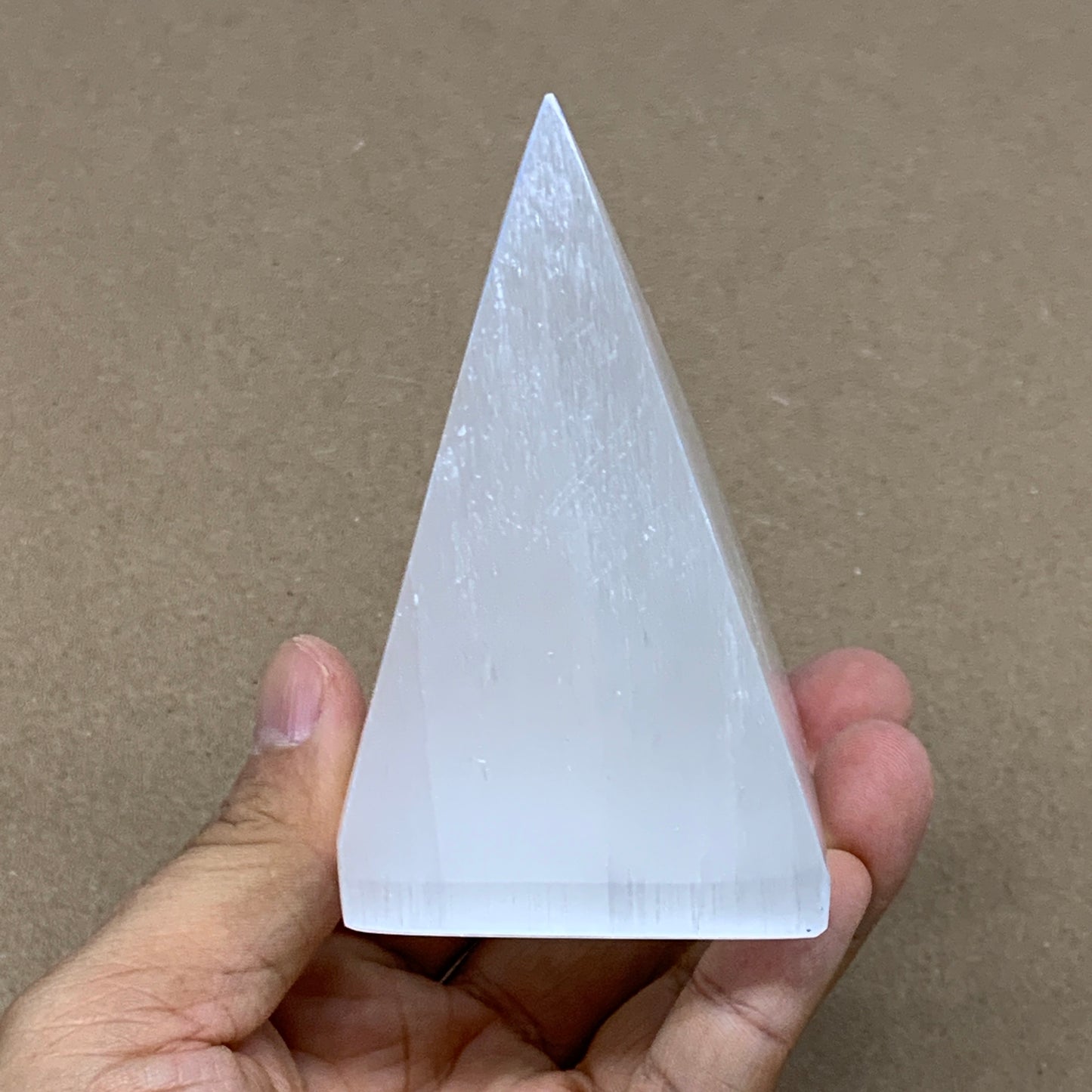 241g, 3.5"x2.1" White Selenite/Satin Spar Pyramid Crystal @Morocco, B24161