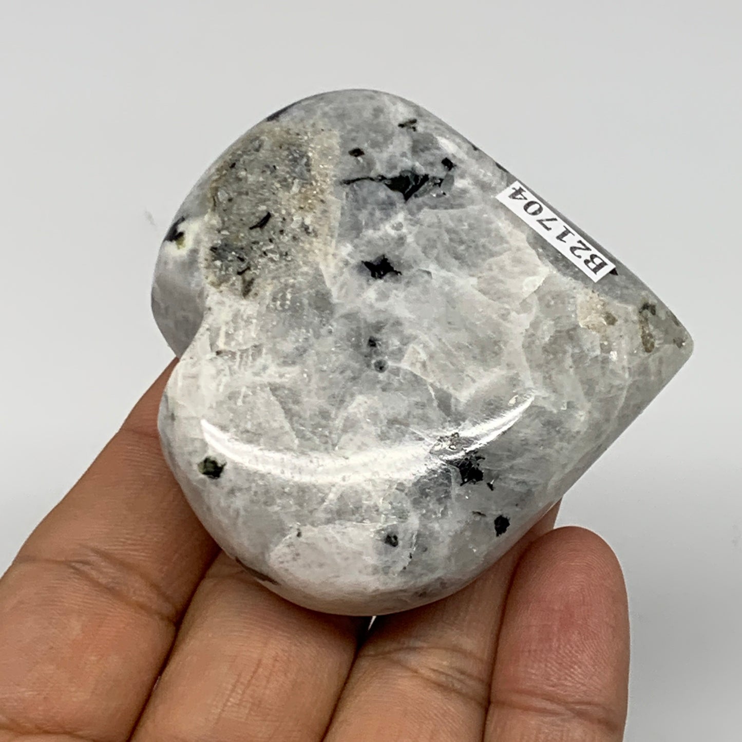 112.7g, 2.4"x2.4"x0.8", Rainbow Moonstone Heart Crystal Gemstone @India, B21704