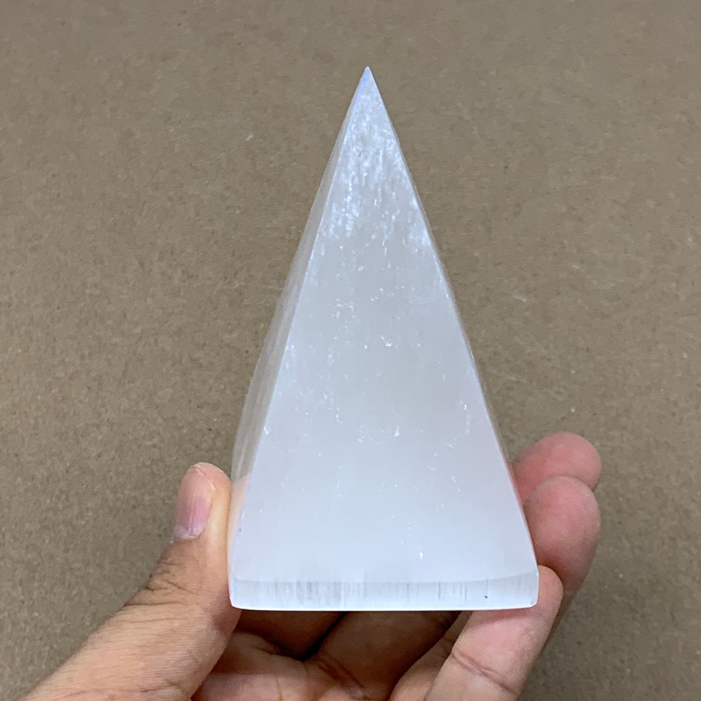 241g, 3.5"x2.1" White Selenite/Satin Spar Pyramid Crystal @Morocco, B24161