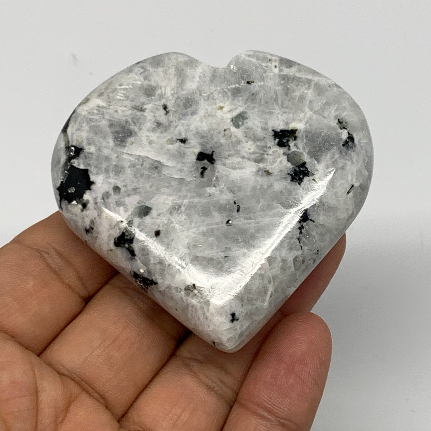 112.7g, 2.4"x2.4"x0.8", Rainbow Moonstone Heart Crystal Gemstone @India, B21704