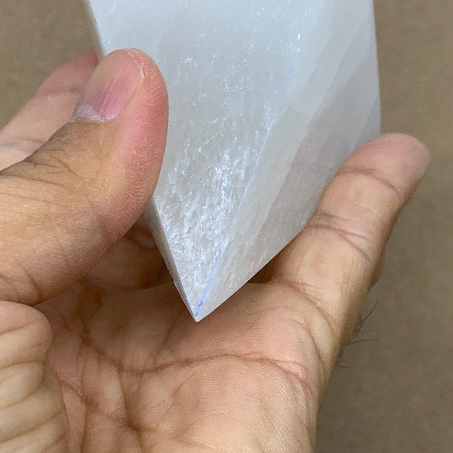 241g, 3.5"x2.1" White Selenite/Satin Spar Pyramid Crystal @Morocco, B24161