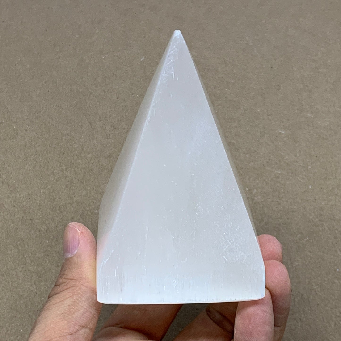 342g, 3.5"x2.4" White Selenite/Satin Spar Pyramid Crystal @Morocco, B24162
