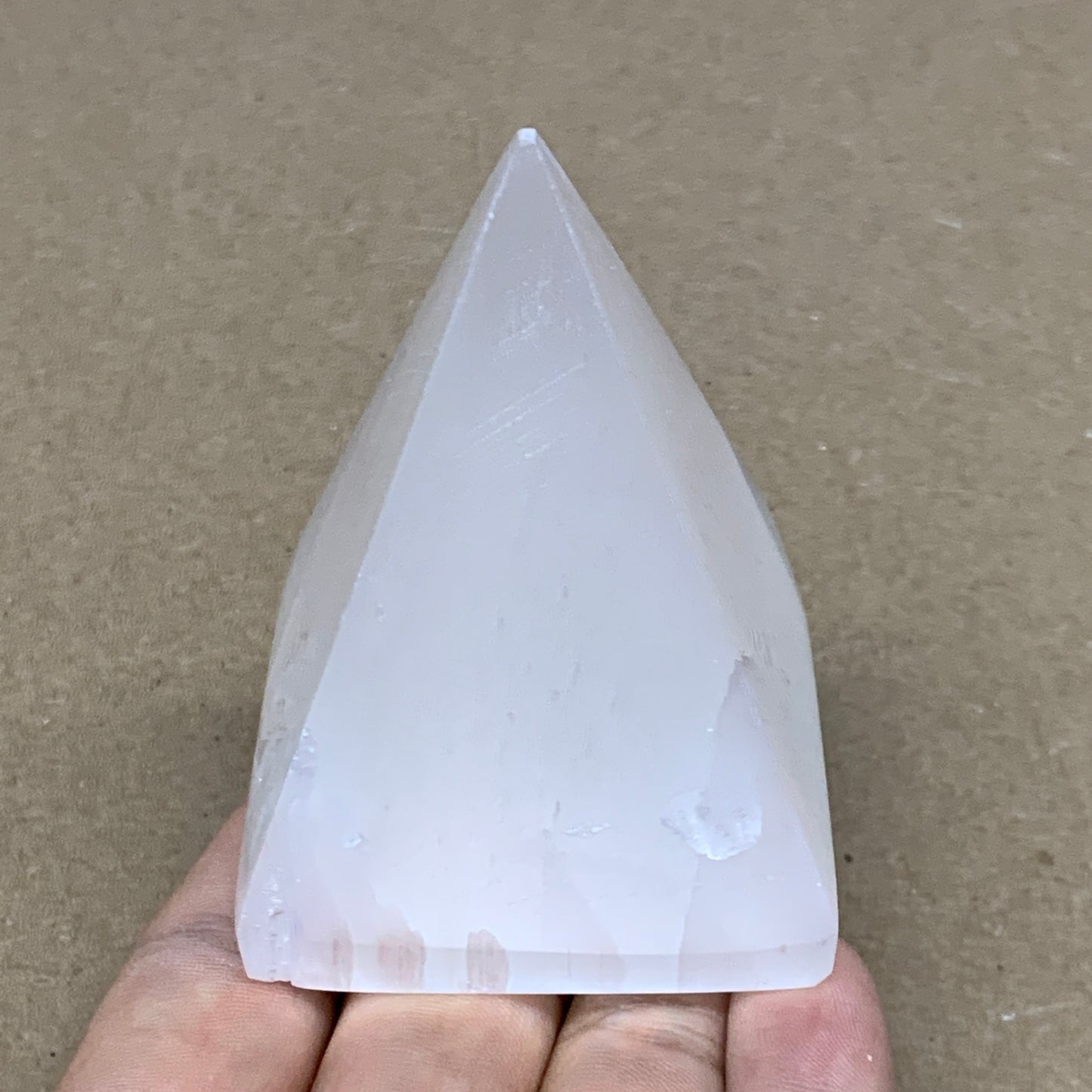 176g, 2.9"x2" White Selenite/Satin Spar Pyramid Crystal @Morocco, B24163