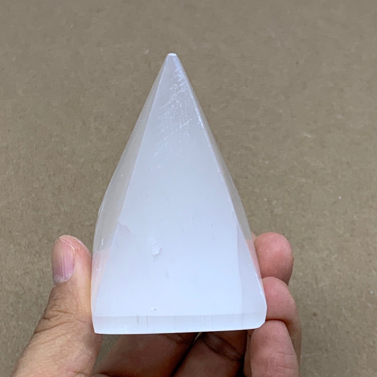 176g, 2.9"x2" White Selenite/Satin Spar Pyramid Crystal @Morocco, B24163