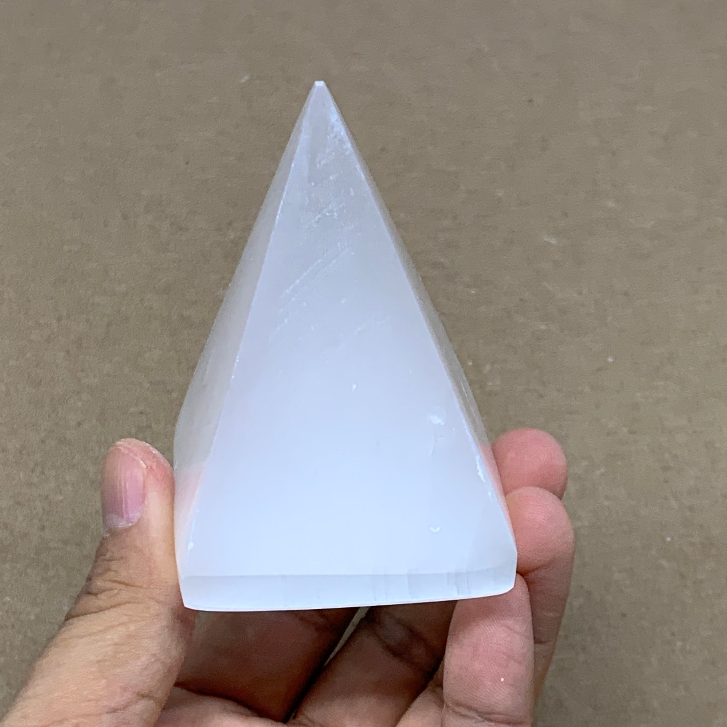 176g, 2.9"x2" White Selenite/Satin Spar Pyramid Crystal @Morocco, B24163