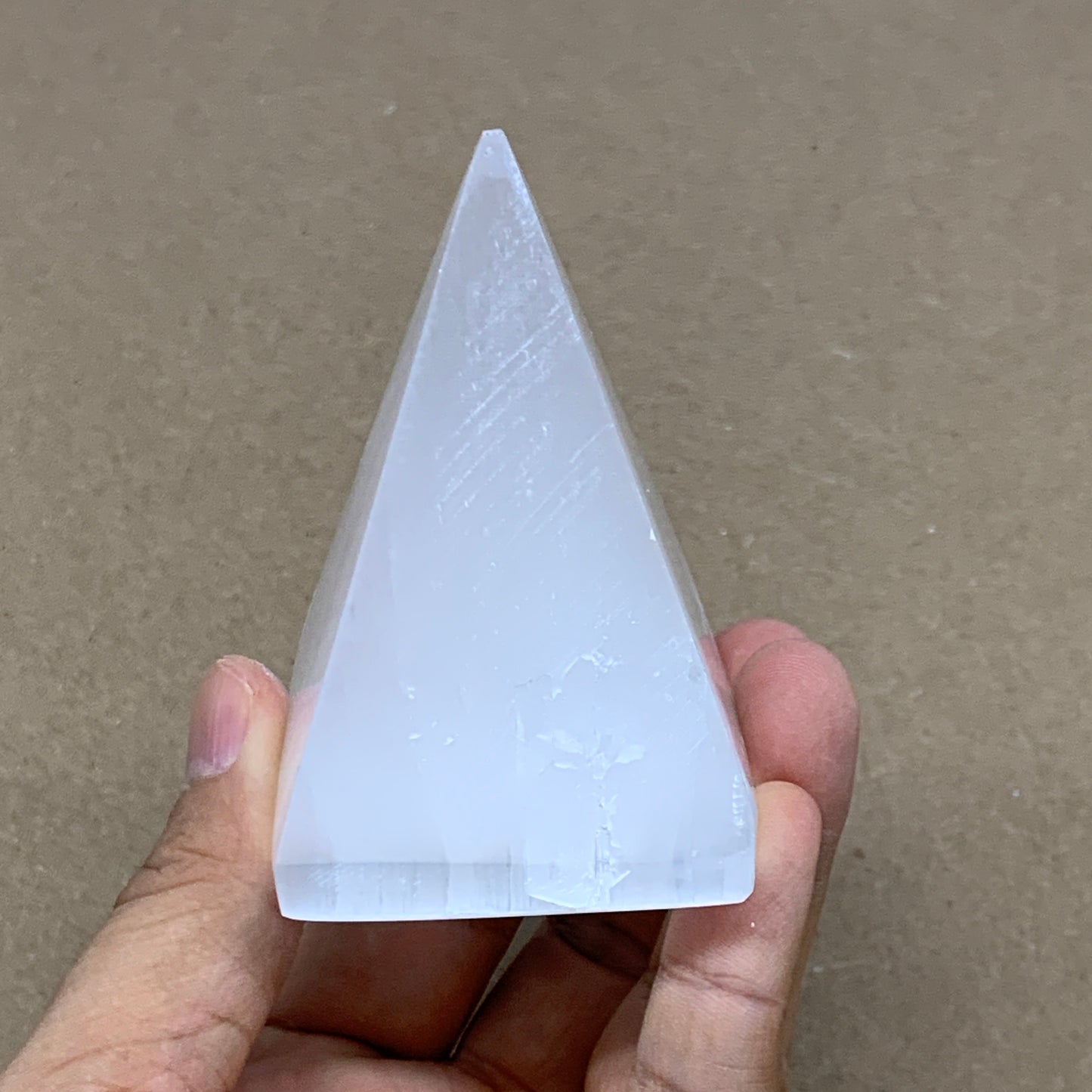 176g, 2.9"x2" White Selenite/Satin Spar Pyramid Crystal @Morocco, B24163