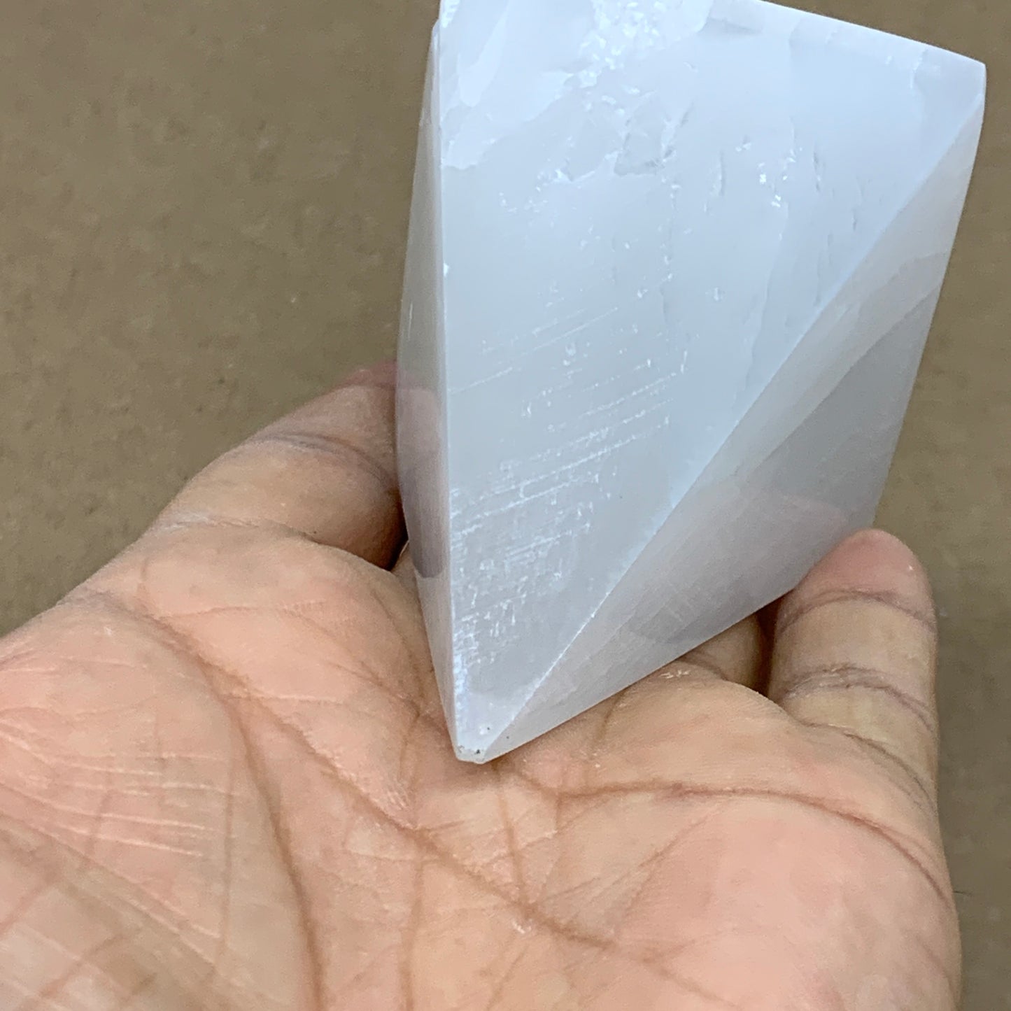 176g, 2.9"x2" White Selenite/Satin Spar Pyramid Crystal @Morocco, B24163