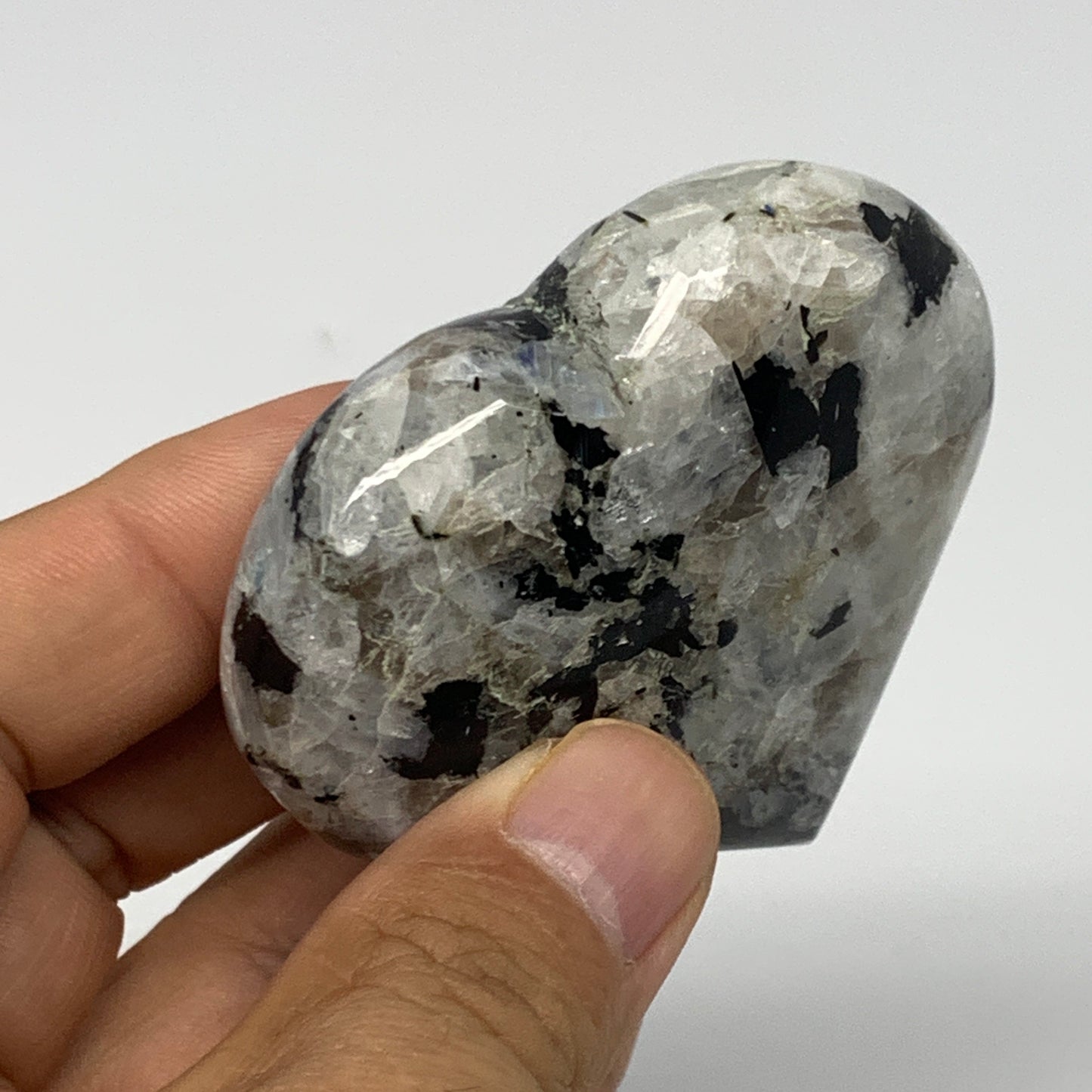 107.4g, 2.3"x2.5"x0.8", Rainbow Moonstone Heart Crystal Gemstone @India, B21707