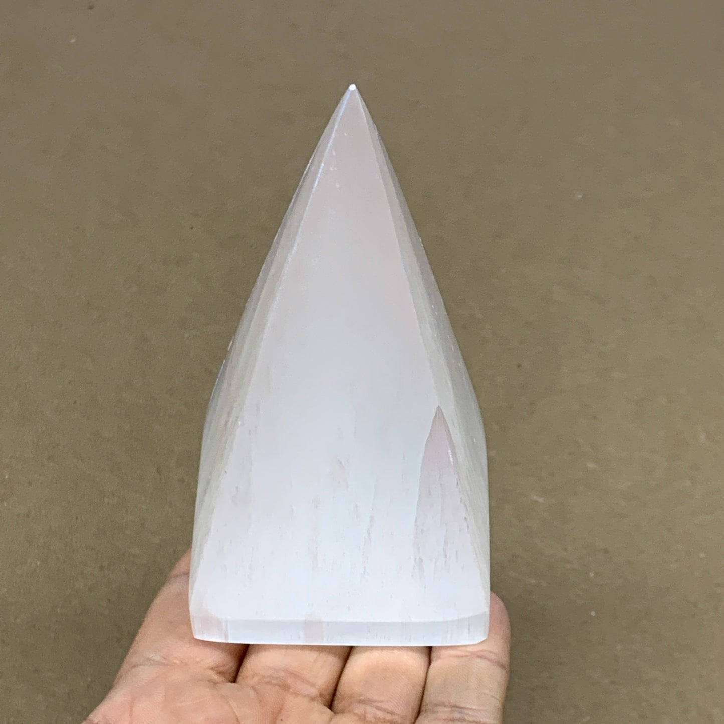307g, 4"x2.2" White Selenite/Satin Spar Pyramid Crystal @Morocco, B24168