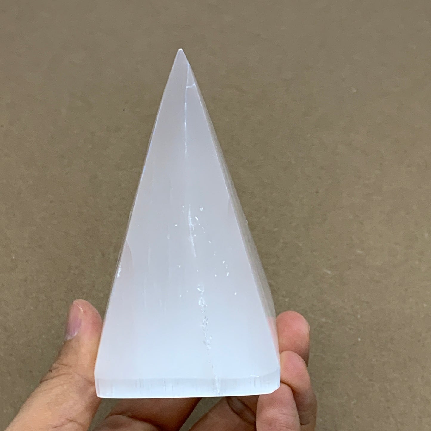 307g, 4"x2.2" White Selenite/Satin Spar Pyramid Crystal @Morocco, B24168