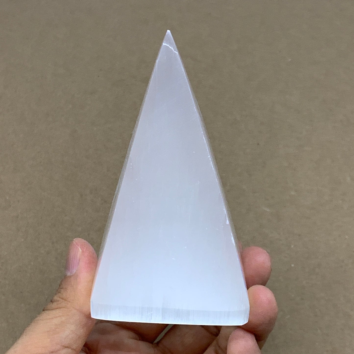 307g, 4"x2.2" White Selenite/Satin Spar Pyramid Crystal @Morocco, B24168
