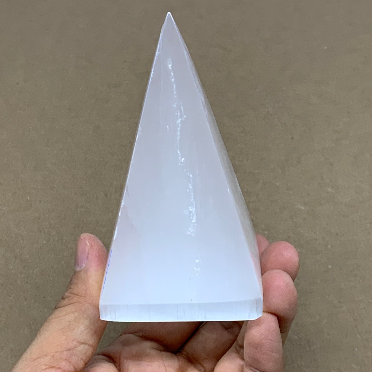307g, 4"x2.2" White Selenite/Satin Spar Pyramid Crystal @Morocco, B24168
