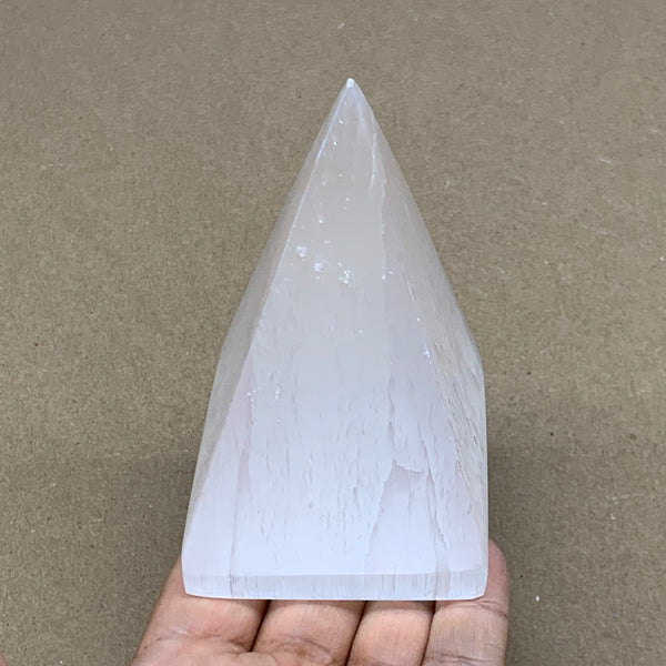 345g, 3.9"x2.5" White Selenite/Satin Spar Pyramid Crystal @Morocco, B24171