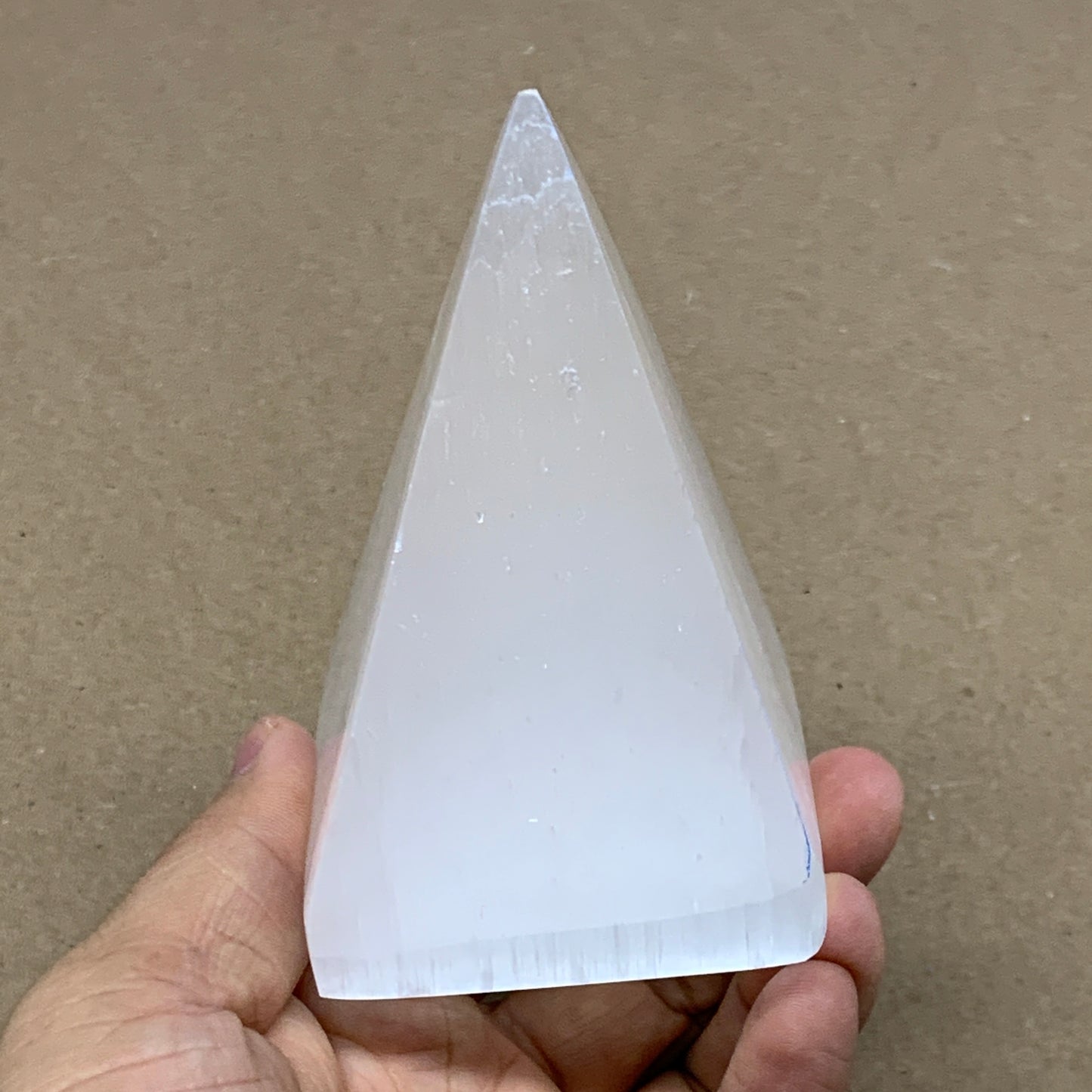 345g, 3.9"x2.5" White Selenite/Satin Spar Pyramid Crystal @Morocco, B24171