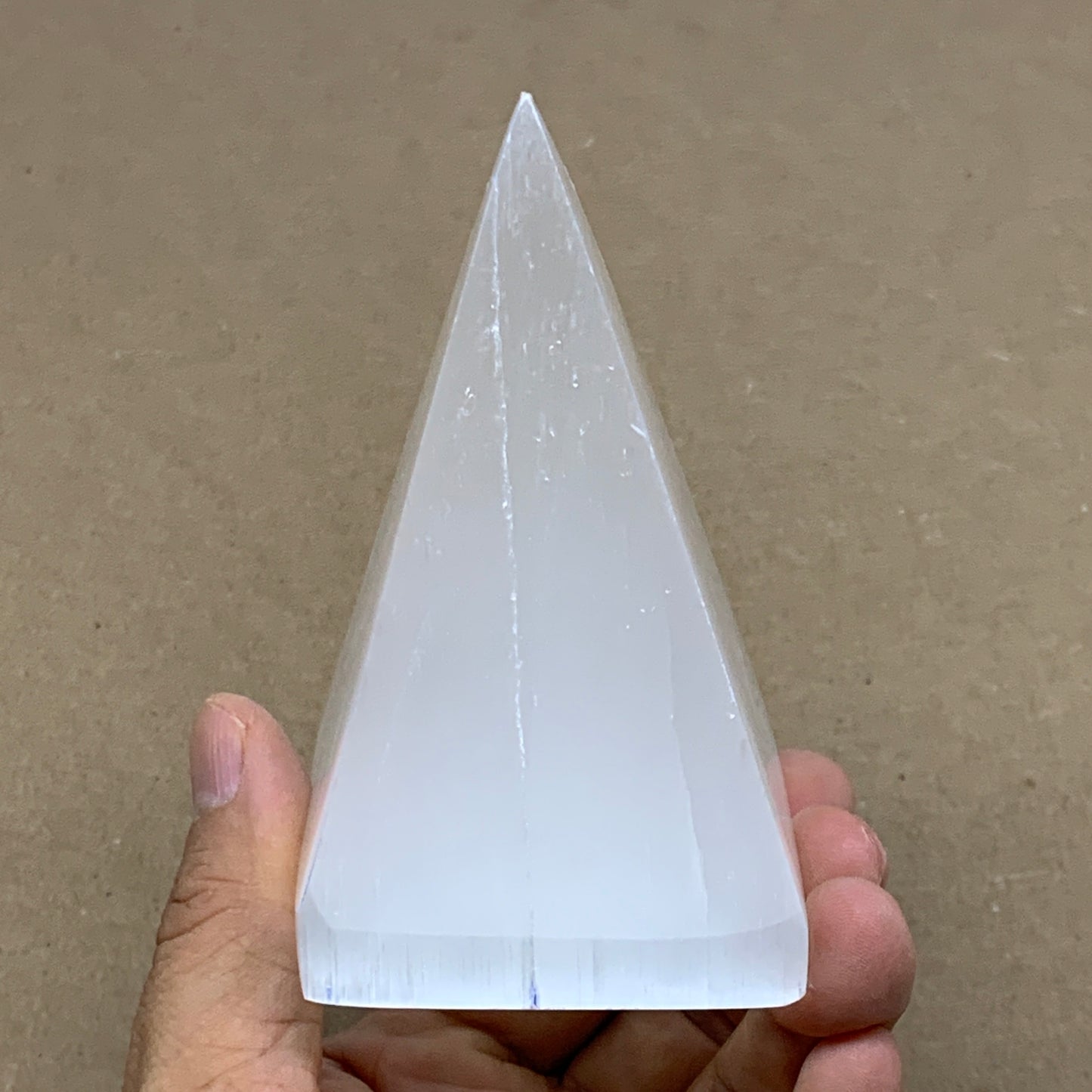 345g, 3.9"x2.5" White Selenite/Satin Spar Pyramid Crystal @Morocco, B24171