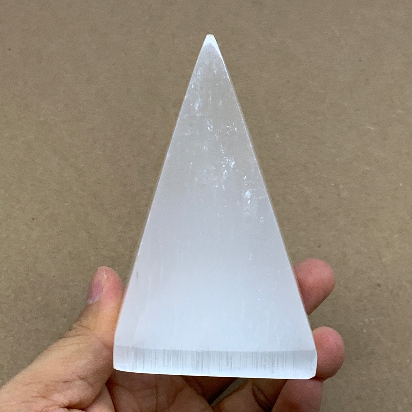 345g, 3.9"x2.5" White Selenite/Satin Spar Pyramid Crystal @Morocco, B24171
