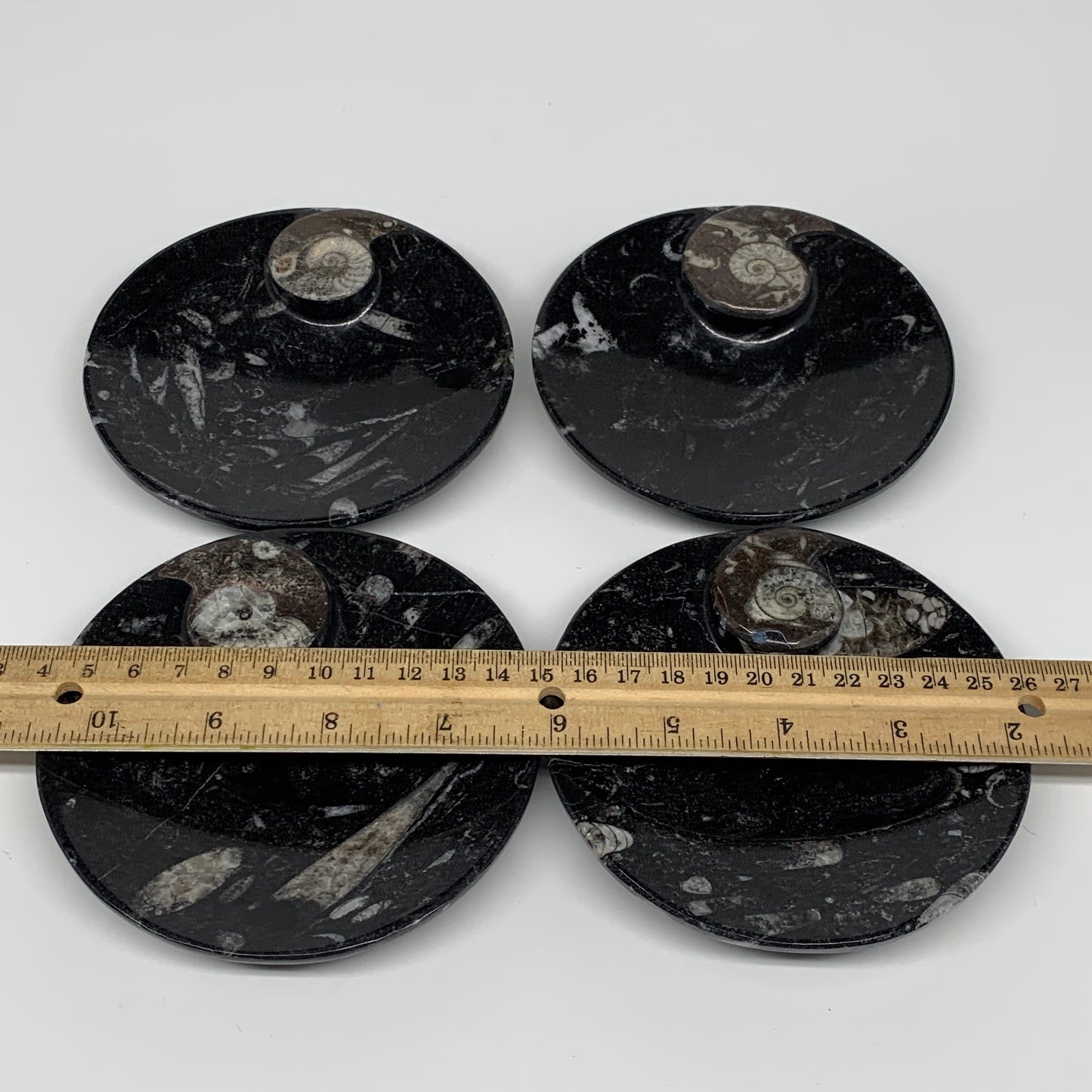 798g, 4pcs, 4.4" Small Black Fossils Ammonite Orthoceras Bowl Round Ring,B8835