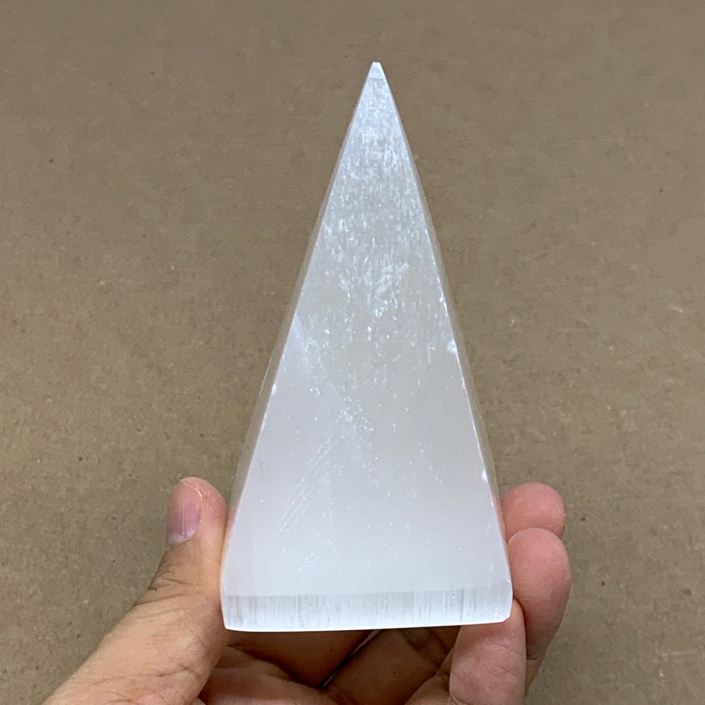 291g, 3.9"x2.2" White Selenite/Satin Spar Pyramid Crystal @Morocco, B24175
